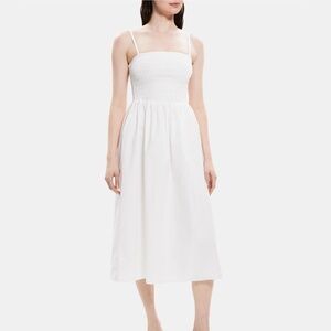 Theory Smocked Cotton Poplin Midi Dress in White Size Large L